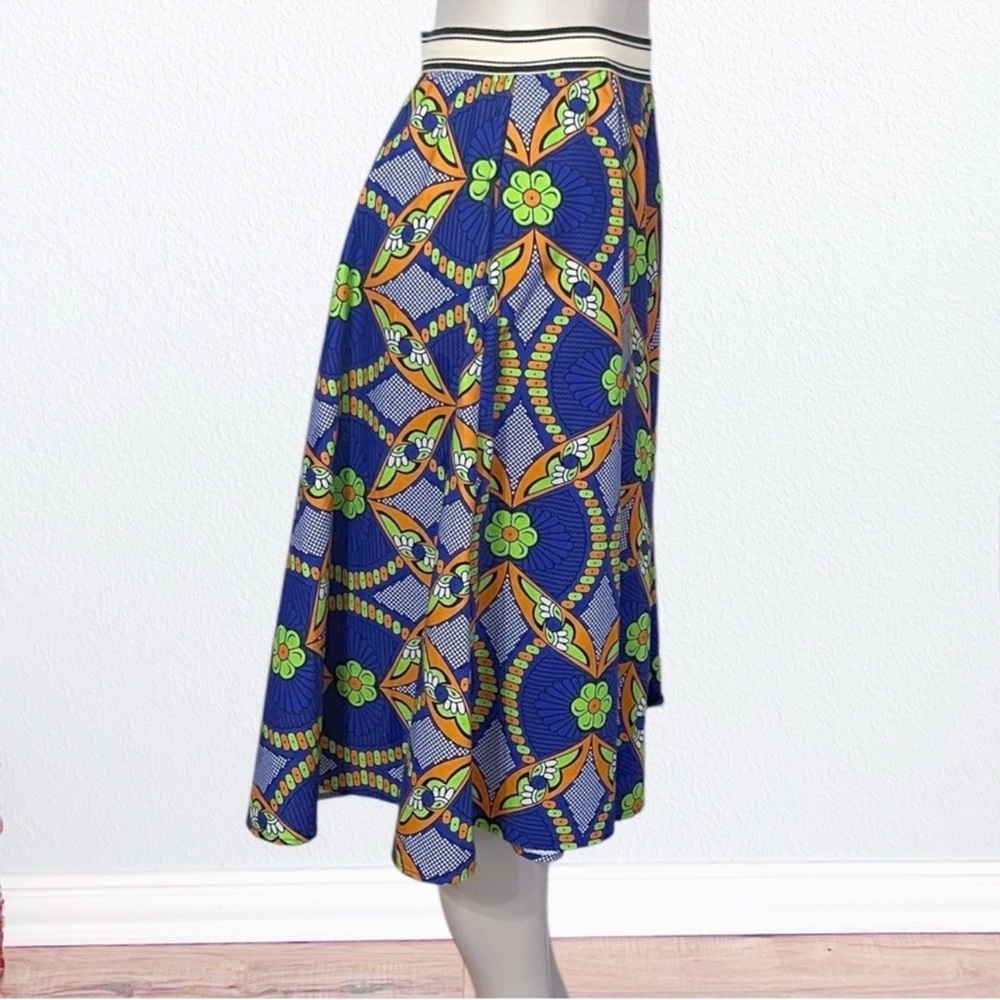 Artsy Graphic niu retro mod floral print midi ALine skirt Blue + Floral SZ M - Picture 6 of 9